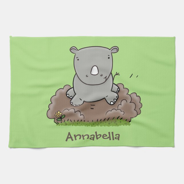 Cute baby rhino tecknad illustration kökshandduk (Horisontell)