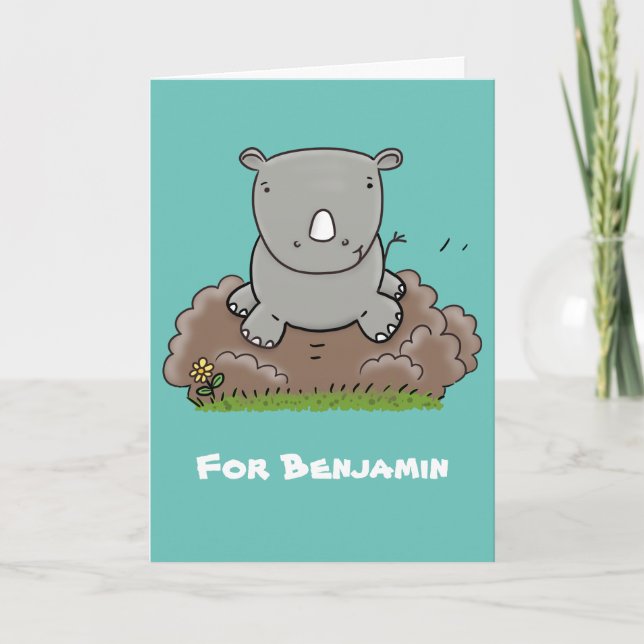 Cute baby rhino tecknad illustration kort (Framsida)
