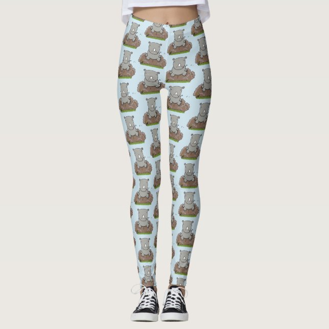 Cute baby rhino tecknad illustration leggings (Framsida)