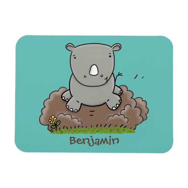 Cute baby rhino tecknad illustration magnet (Horisontell)