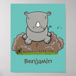Cute baby rhino tecknad illustration poster