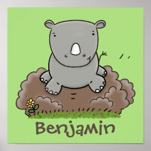 Cute baby rhino tecknad illustration poster