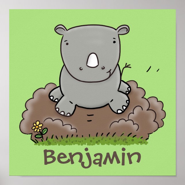 Cute baby rhino tecknad illustration poster (Framsidan)