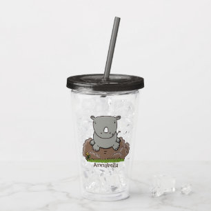 Cute baby rhino tecknad illustration take away mugg