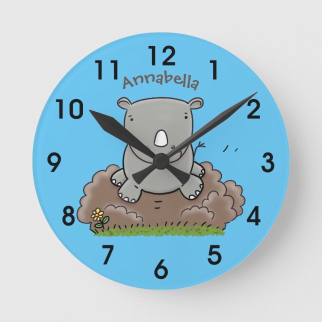 Cute baby rhino-tecknad rund klocka (Framsida)