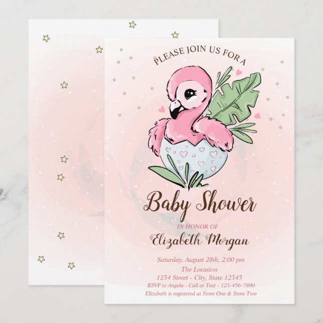 Cute Baby Rosa Flamingo Stars Baby Shower Inbjudningar (Fram/baksida)