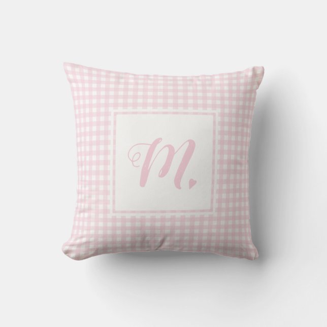 Cute Baby Rosa och White Monogrammed Small Gingham Kudde (Framsida)