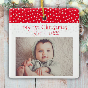 Cute Baby`s 1`S JY Red Stars Photo Baby Julgransprydnad Keramik