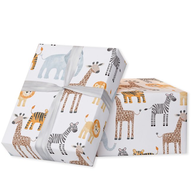Cute Baby Safari Animal Watercolor Mönster Presentpapper (Cute watercolor Safari Animals baby lion, giraffe  & elephant gift wrapping paper roll)