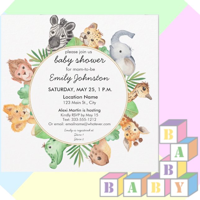 Cute Baby Safari Animals Square Baby Shower Inbjudningar (Skapare uppladdad)