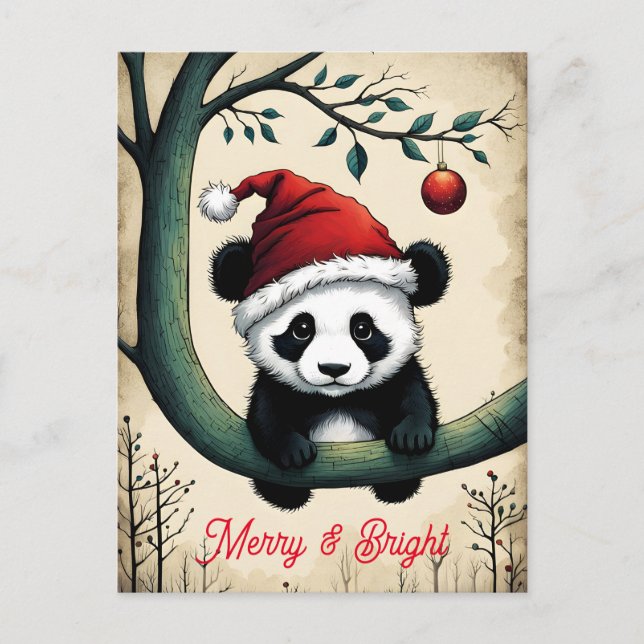 Cute Baby Santa Panda på julen Träd Gren Vykort (Framsida)