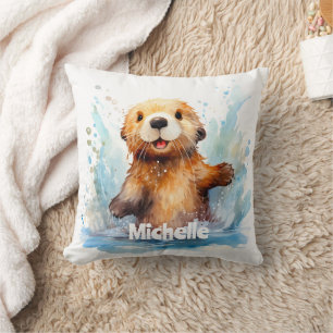 Cute Baby Sea Otter i Vatten Stänk Personlig Kudde