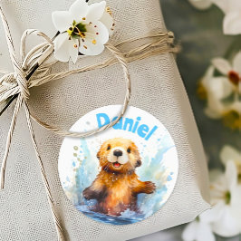 Cute Baby Sea Otter i Vatten Stänk Personlig Runt Klistermärke