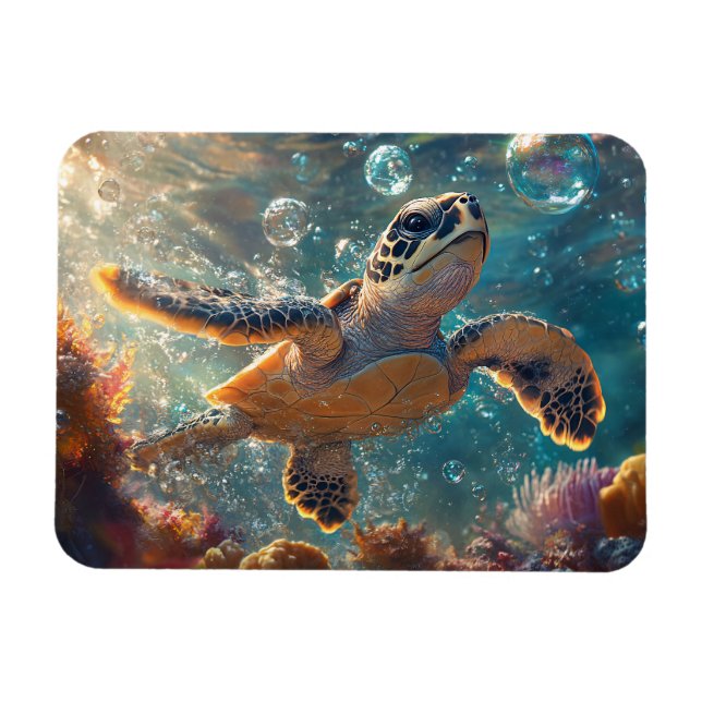 Cute Baby Sea Turtle med Bubbles Magnet (Horisontell)
