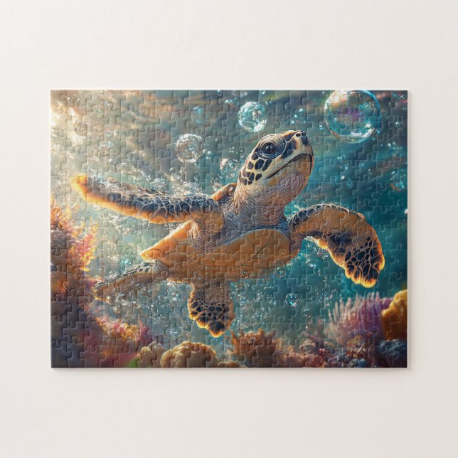 Cute Baby Sea Turtle med Bubbles Pussel (Horisontell)