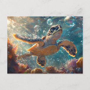 Cute Baby Sea Turtle med Bubbles Vykort