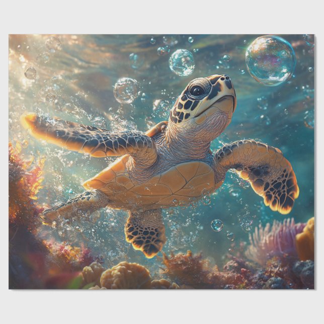 Cute Baby Sea Turtle with Bubbles Decoupage Presentpapper (Platt)