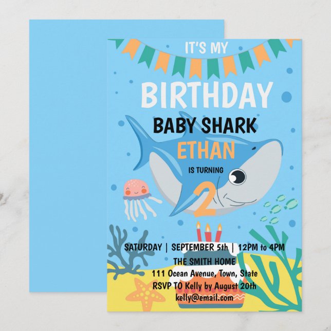 Cute Baby Shark Födelsedagsfest inbjudan (Fram/baksida)