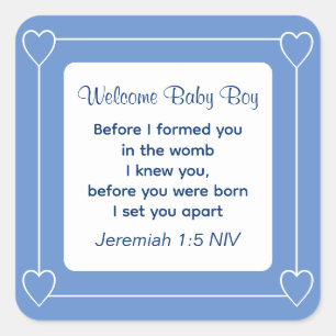 Cute Baby Shower Bible Verse Stripe Blue Party Fyrkantigt Klistermärke