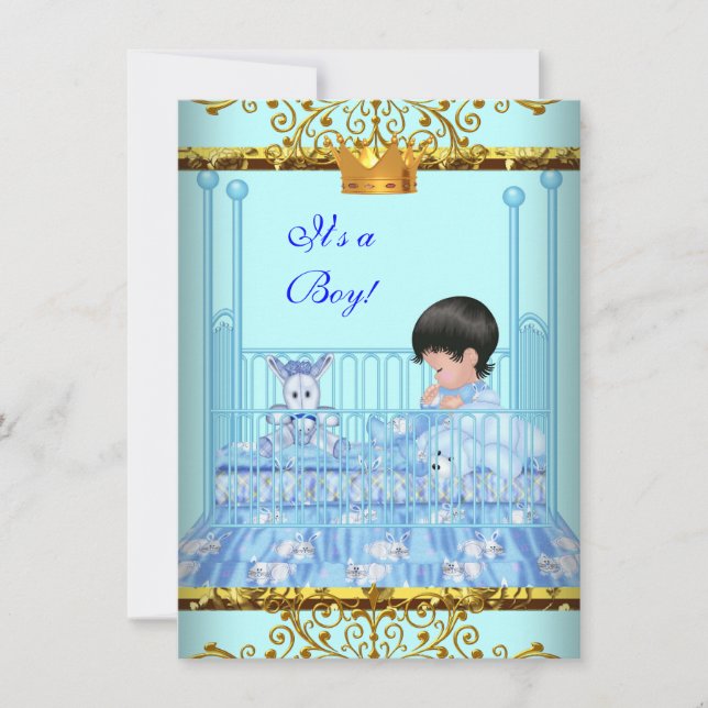 Cute Baby Shower Blue Guld Boy Prince Krona 4 Inbjudningar (Framsida)
