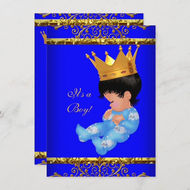 Cute Baby Shower Blue Guld Boy Prince Krona 4 Inbjudningar (Fram/baksida)