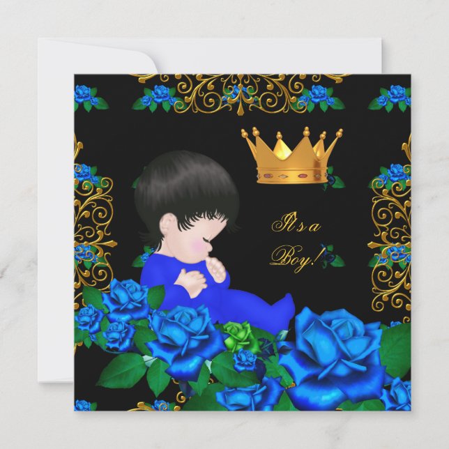 Cute Baby Shower Blue Guld Boy Prince Krona 9 Inbjudningar (Framsida)