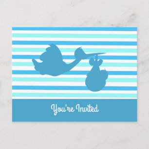 Cute Baby Shower Blue Stripe Boy with Stork Inbjudan Vykort