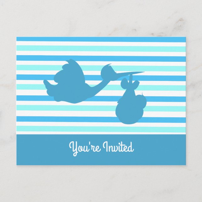 Cute Baby Shower Blue Stripe Boy with Stork Inbjudan Vykort (Framsida)