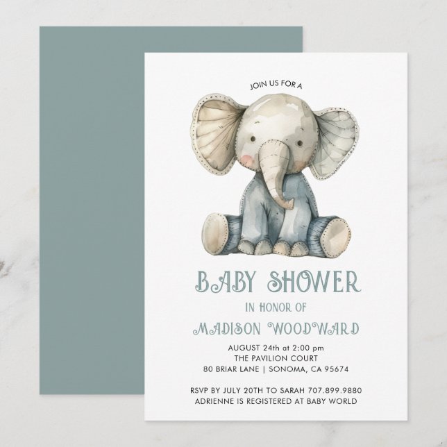 Cute Baby Shower Blue Stuffed Elephant Leksak Inbjudningar (Fram/baksida)