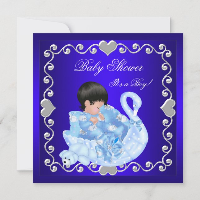 Cute Baby Shower Boy Baby royal Blue Svan Inbjudningar (Framsida)