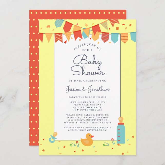 Cute Baby Shower by Mail Gult Banners Confetti Inbjudningar (Fram/baksida)