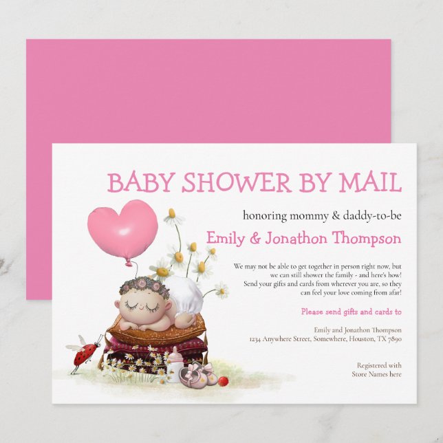 Cute Baby Shower by Mail Ladybird Flowers Inbjudningar (Fram/baksida)