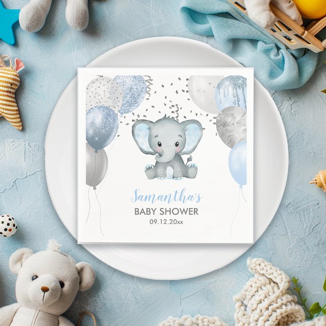 Cute Baby Shower Elephant Boy Balloons Pappersservett (Cute Baby Shower Elephant Boy Balloons Napkin)