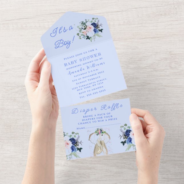 Cute Baby Shower Elephant Det är en Blommigt Blue (Avrivbar del)