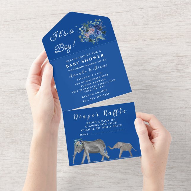 Cute Baby Shower Elephant Det är en Blommigt Blue  (Avrivbar del)