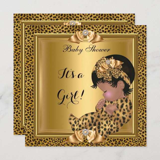 Cute Baby Shower Flicka Leopard Guld Inbjudningar (Fram/baksida)