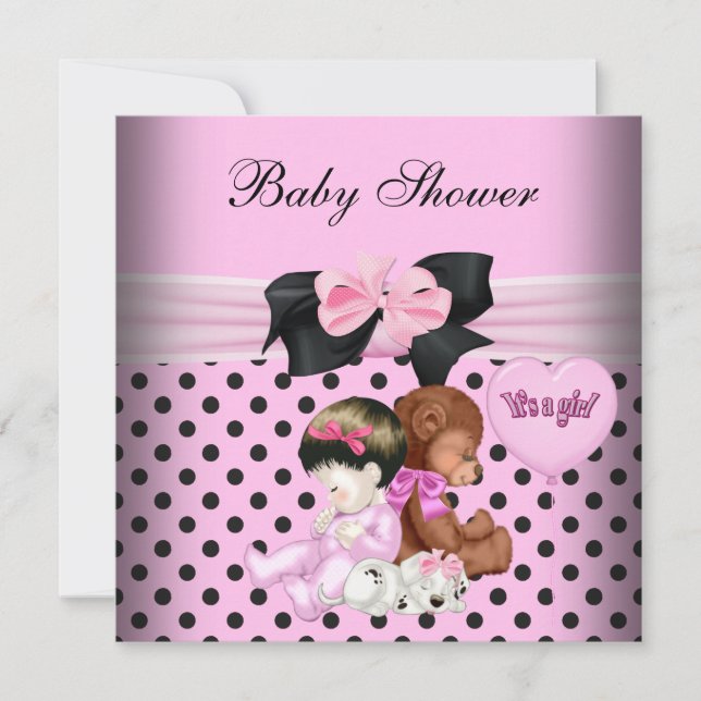 Cute Baby Shower Girl Baby Rosa Black Polka dots Inbjudningar (Framsida)