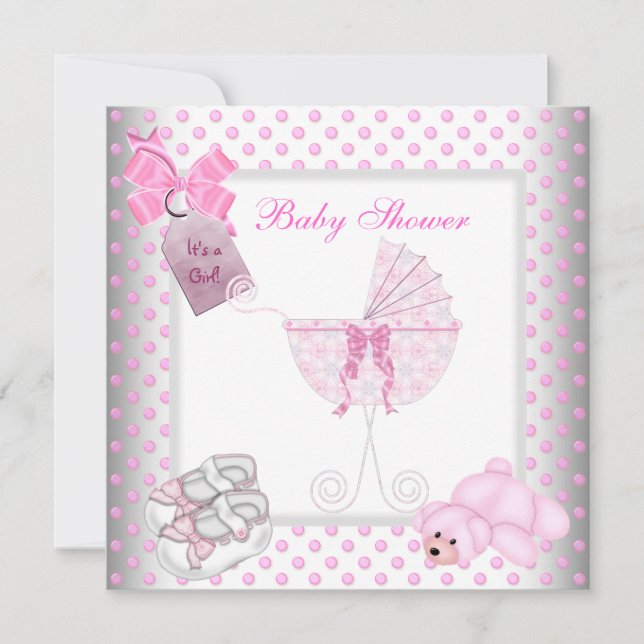 Cute Baby Shower Girl Baby Rosa Carriage Pram Inbjudningar (Framsida)