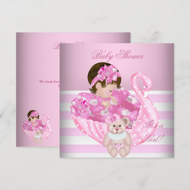 Cute Baby Shower Girl Baby Rosa White Svan Inbjudningar (Fram/baksida)