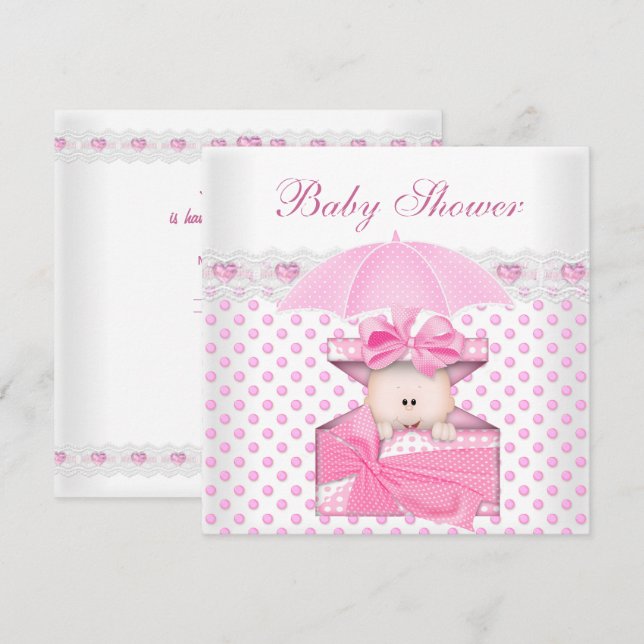 Cute Baby Shower Girl Baby White Rosa Polka Dot Inbjudningar (Fram/baksida)