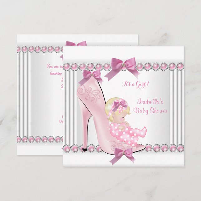 Cute Baby Shower Girl Polka dots High Heel C3 Rosa Inbjudningar (Fram/baksida)