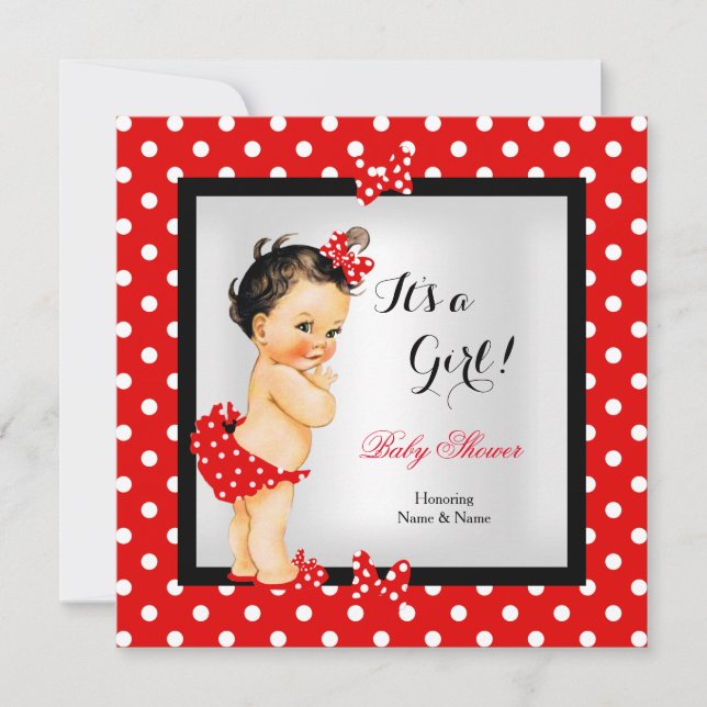 Cute Baby Shower Girl Red Black Brunette Inbjudningar (Framsida)