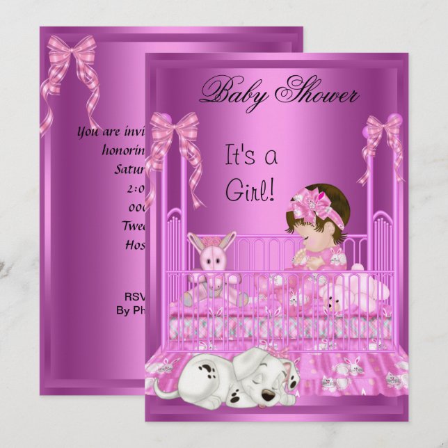 Cute Baby Shower Girl Rosa Cot Puppy Leksak Inbjudningar (Fram/baksida)
