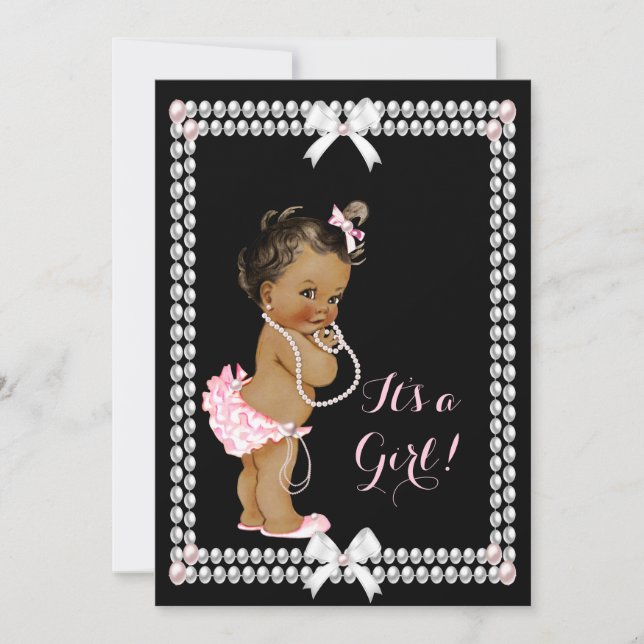 Cute Baby Shower Girl Rosa Pearls Black Ethnic Inbjudningar (Framsida)