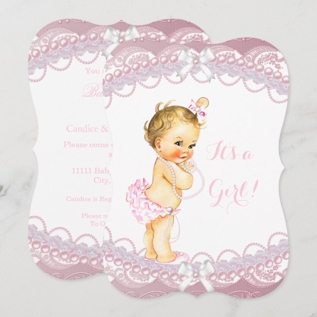 Cute Baby Shower Girl Rosa Pearls Snöre Blonde Inbjudningar (Fram/baksida)