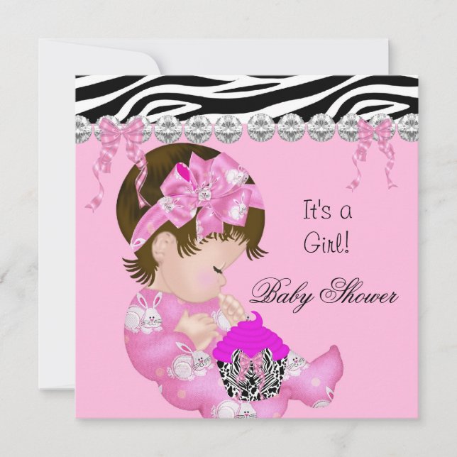 Cute Baby Shower Girl Rosa Zebra cupaka 3 Inbjudningar (Framsida)