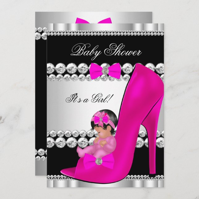 Cute Baby Shower Girl Shock rosa Baby i Shoe Inbjudningar (Fram/baksida)