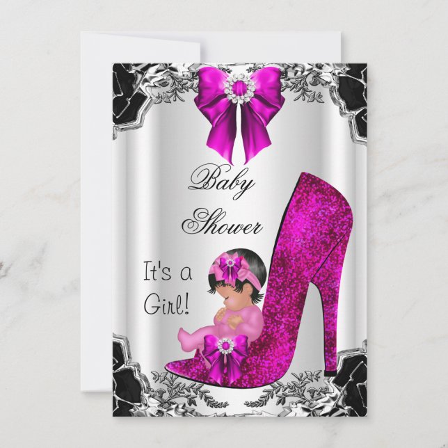 Cute Baby Shower Girl Shock rosa High Heel Blommig Inbjudningar (Framsida)