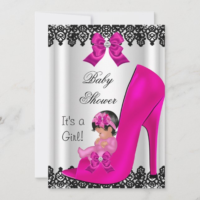 Cute Baby Shower Girl Shock rosa Shoe Black Snöre Inbjudningar (Framsida)