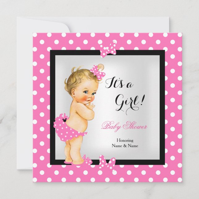 Cute Baby Shower Girl Söt Rosa Black Blonde Inbjudningar (Framsida)